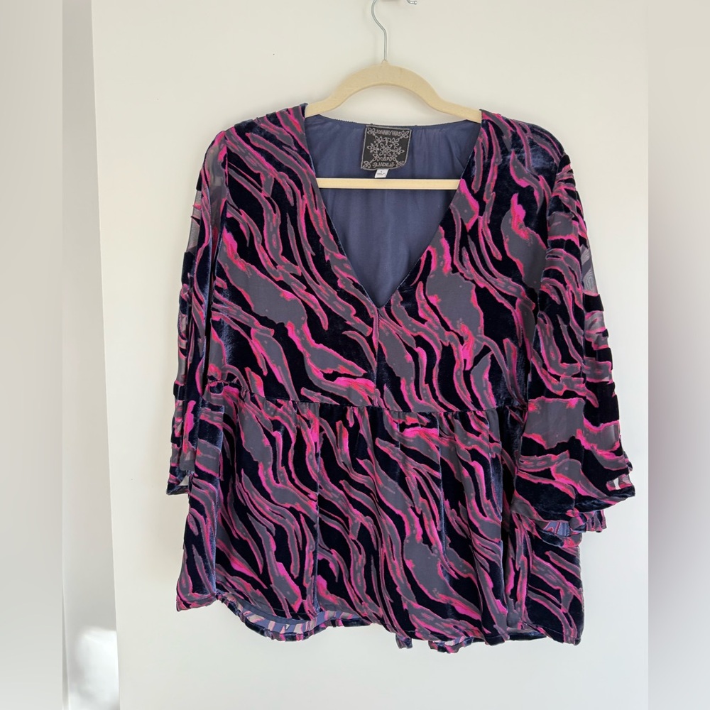 Johnny Was Selene Tiered Velvet V-Neck Top - Size L - Vibrant Abstract